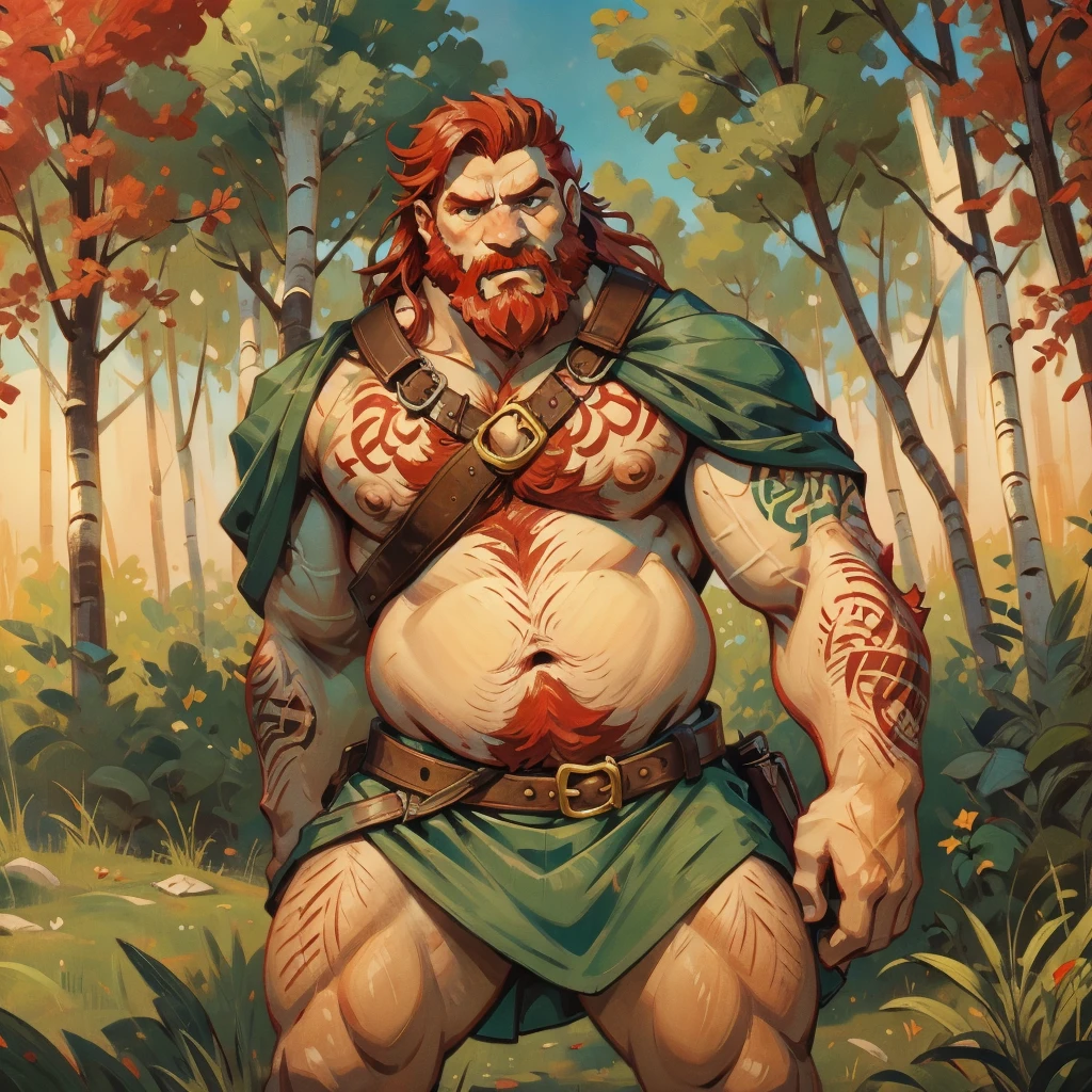 man, Viking, short stature, Age 60 years, strong, thick, big breasts, big belly, Red hair, big red beard, thick body hair, густые Red hair на груди, густые Red hair на животе, густые Red hair на лобке, густые Red hair на яйцах, thick hair on arms, thick hair on legs, tattoos on body, Tattoos on the torso, very shy, In the woods, birch trees, nature, without outerwear, in a short skirt made of skin made of green fabric, the skirt is held up by a leather belt with a gold buckle 