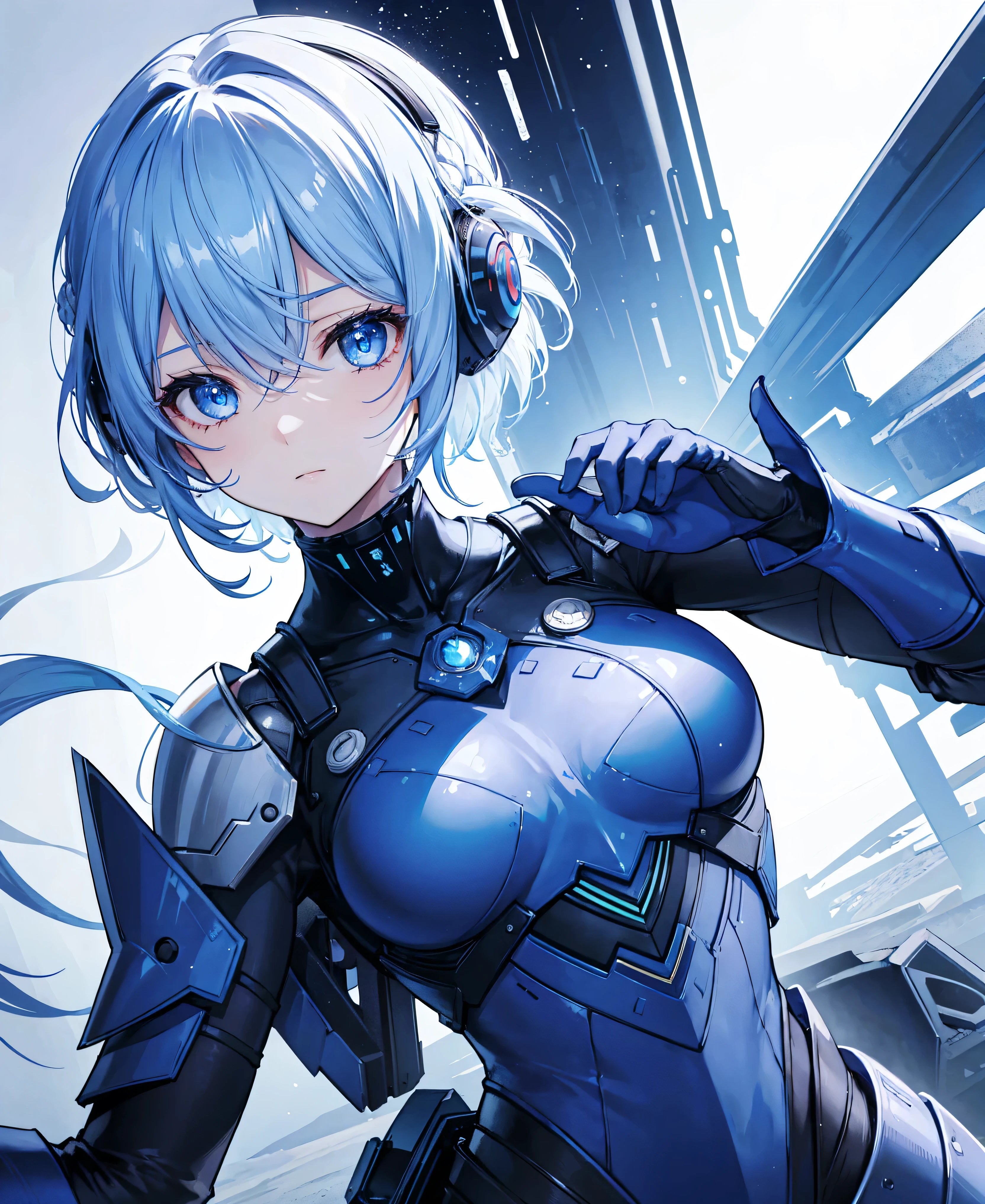 8K, Highest quality, (real:1.4), Original photo, 1 girl, Asari Hair, Biological Amplifier, refined armor, posture: Peace talks between warring factions, smart blue eyes
