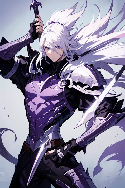 A 25 years old anime man with white hair, holding two Daggers, Wearing a dark and purple Armor 
