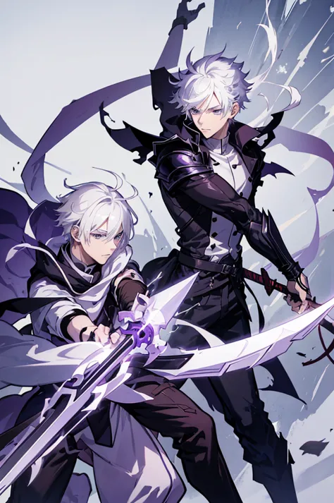 A 25 years old anime man with white hair, holding two sung Jin woo Daggers, Wearing a dark and purple Armor 
