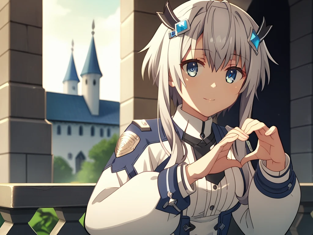 MishaNecron, short hair with long locks, solo,  uniform, gray hair, gray thighhighs, hair ornament, light smile, short tie, white dress, blue eyes, long sleeves, score_9,  score_8_up, score_7_up, score_6_up, source_anime, fantasy, castle,  perfect lighting,  anime screencap, cute pose, finger heart