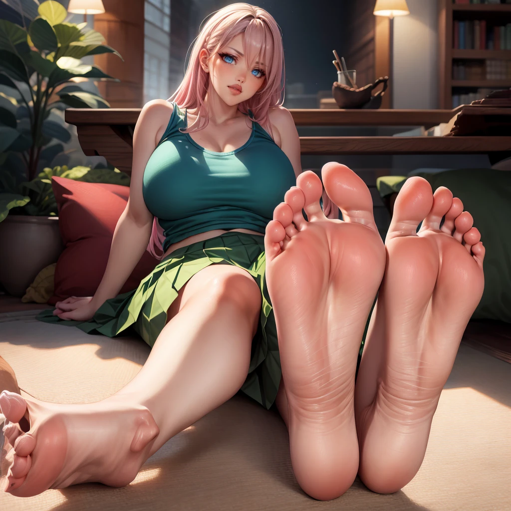 (masterpiece:1.2, best quality), (real picture, intricate details), 1lady, solo, blonde hair, pink hair, light green eyes, sitting down, showing legs, showing feet, showing soles, long hair, eye makeup, natural fabrics, close-up face, smile, bare feet, feet on camera, long light platinum blonde hair, bangs,, print tank top, pleated skirt, big breasts, big , detailed face, correct foot anatomy, feet anatomy, sexy foot, feet pointing at viewer, foot, soles, detailed feet, correct foot anatomy, soles, sitting down, bimbo, big lipds