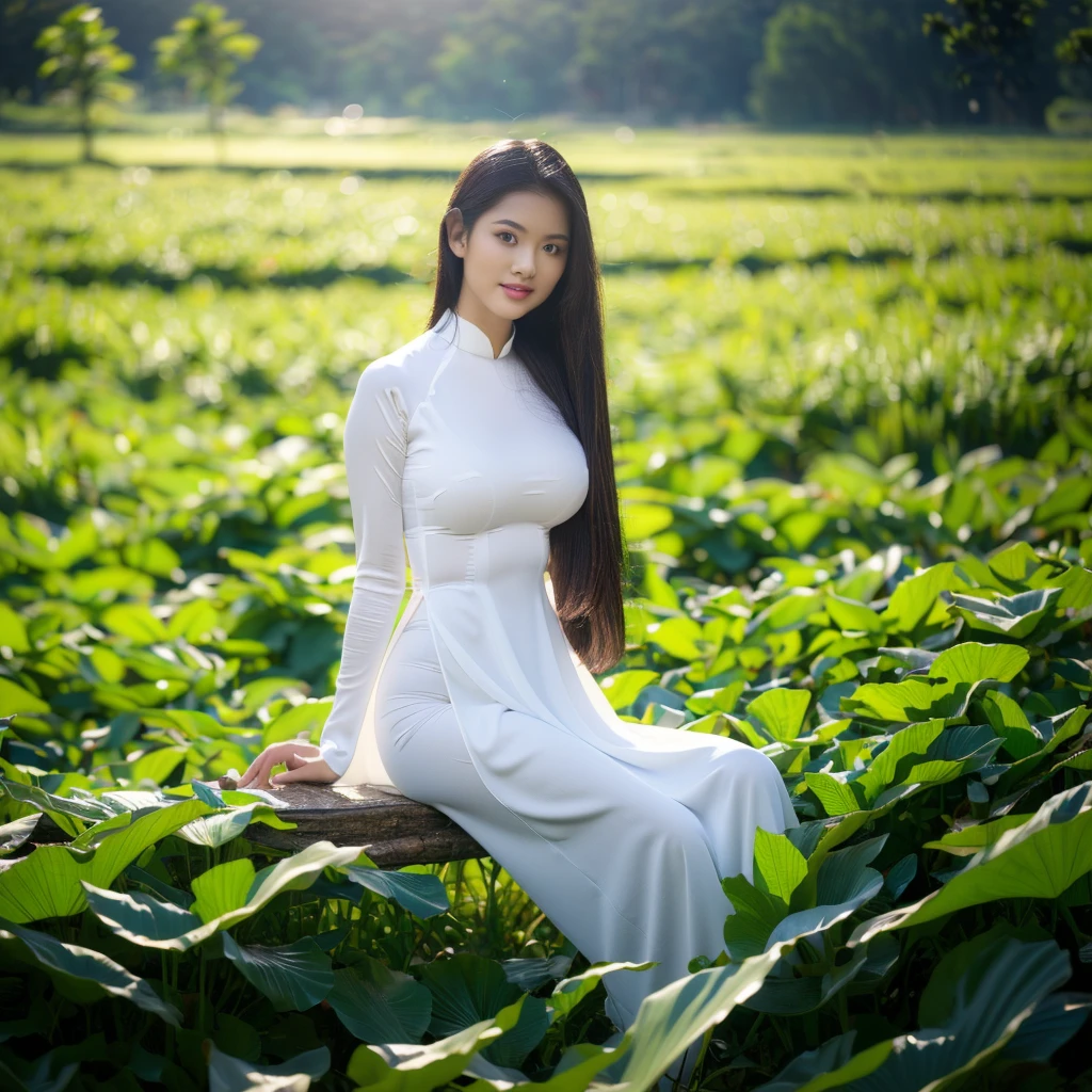 big breasts, round breasts, wearing bra inside ao dai, slim figure, beautiful figure, big breasts, ponytail, sharp 8k quality photo, ((beautiful, sharp, balanced face details) for )), ((beautiful breasts, exposed cleavage, plump body), ((beautiful sparkling eyes, sharp eye details, beautiful face)), sitting in the middle of a ripe rice field, ((super beautiful body with high details , tight body, big chest, slim waist))