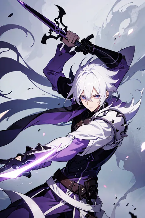 A 25 years old anime man with white hair, holding a Dagger, Wearing a dark and purple Armor 