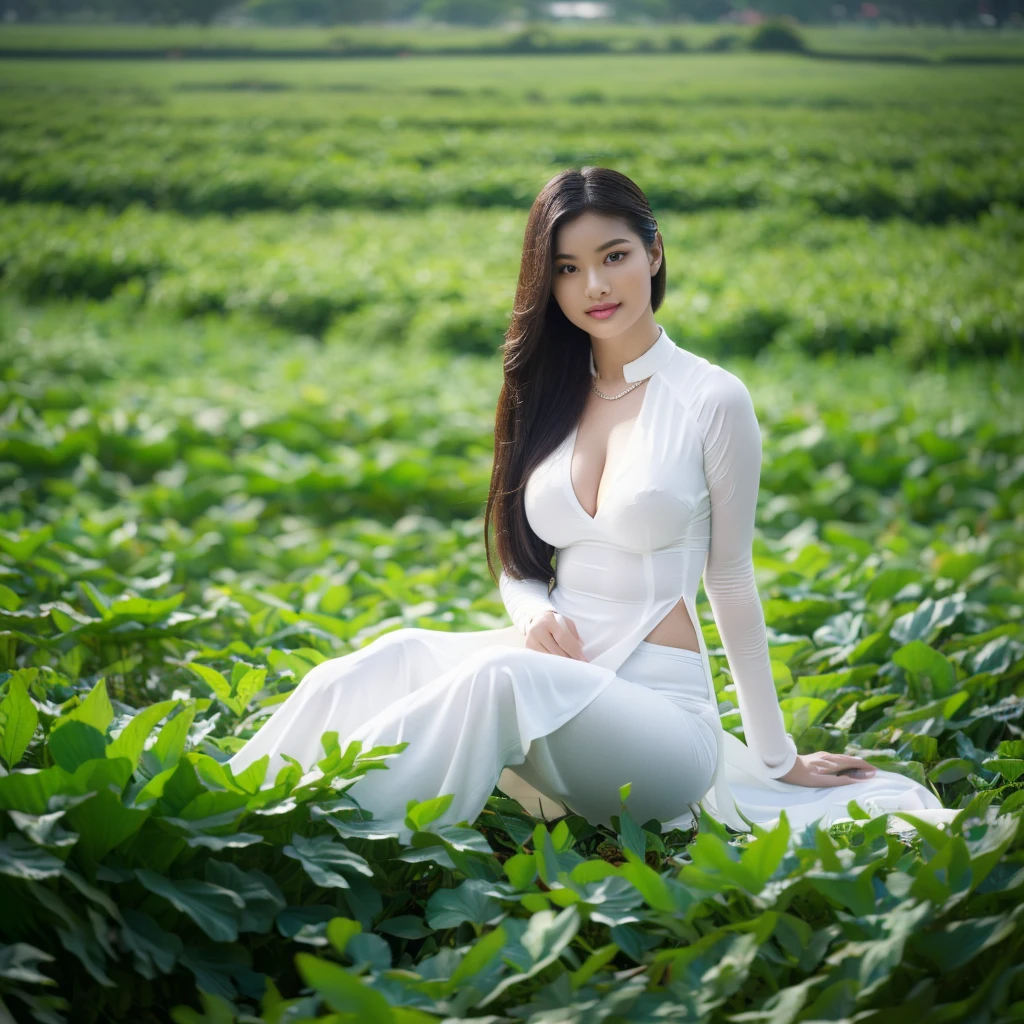 big breasts, round breasts, wearing bra inside ao dai, slim figure, beautiful figure, big breasts, ponytail, sharp 8k quality photo, ((beautiful, sharp, balanced face details) for )), ((beautiful breasts, exposed cleavage, plump body), ((beautiful sparkling eyes, sharp eye details, beautiful face)), sitting in the middle of a ripe rice field, ((super beautiful body with high details , tight body, wide chest, slim waist)), ((thin cleavage, round breasts))