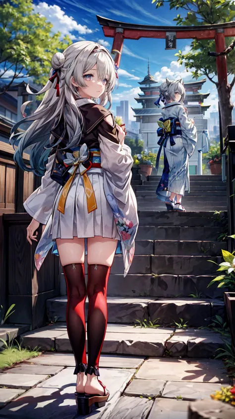 ((masterpiece,best quality)),outdoor, red torii, tree,  stairs,, 2 girls, shrine maiden,shrine maiden, looking at the audience, ...