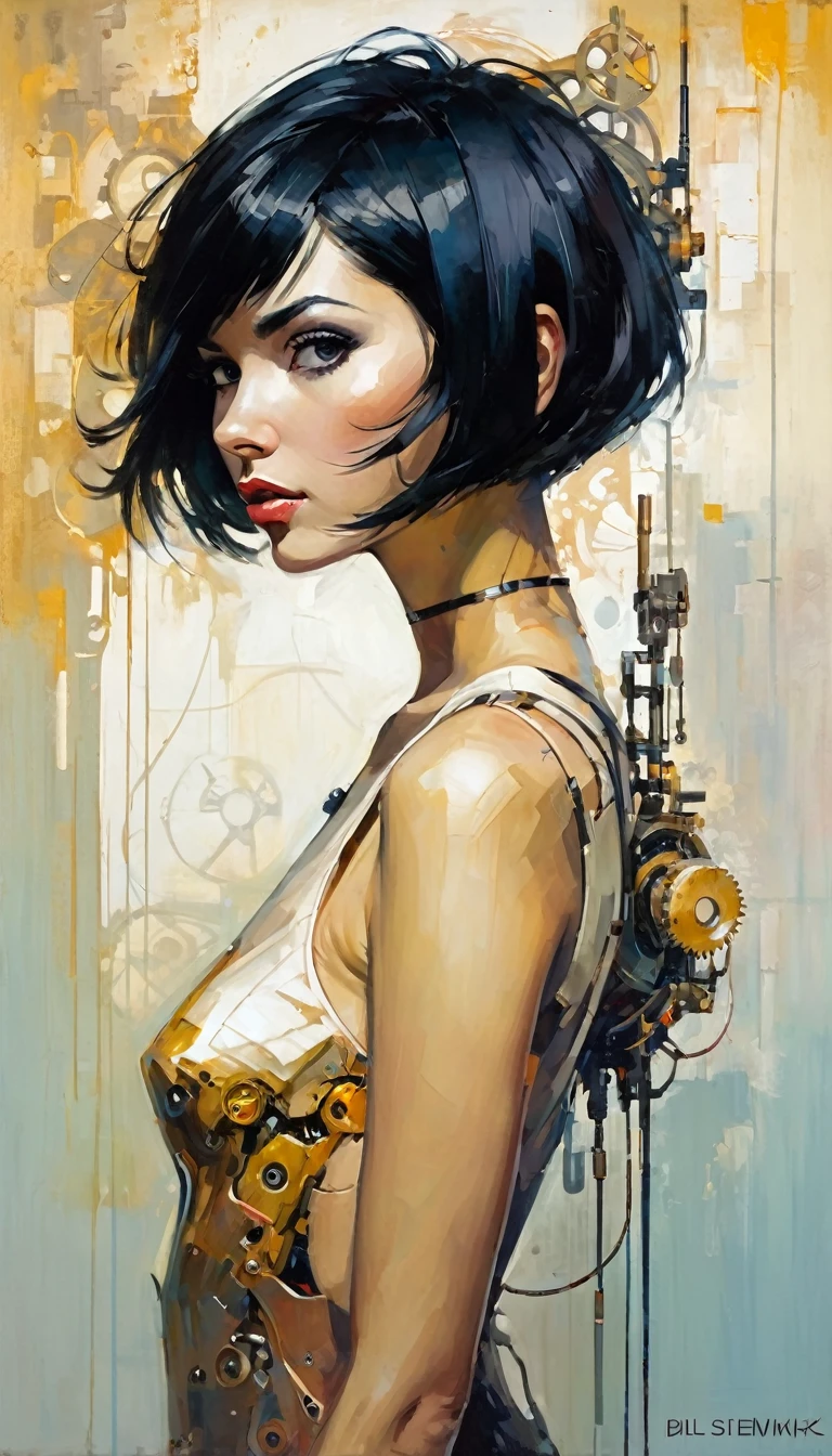 mécanique_corps,mécanique_affronter,complet_corps,Cheveux courts,cheveux noirs,bonne anatomie,Meilleure qualité,chef-d&#39;œuvre,Beau,cute affronter (art inspiré par Bill Sienkiewicz). peinture à l&#39;huile)