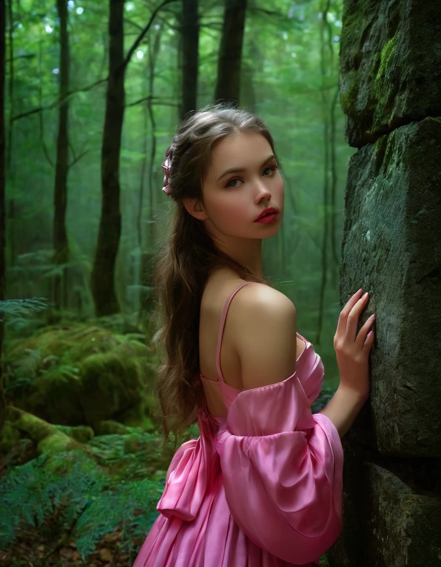 1 beautiful girl, alone, fair complexion, with a subtle pink glow on her cheeks, tense a bow towards a mysterious stone in the forest. Despite her elegant demeanor, there is an underlying strength in her gaze.