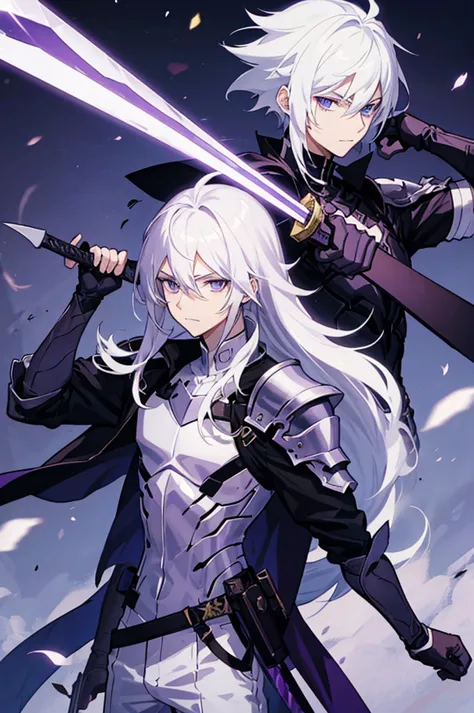 A 25 years old anime man with white hair, holding a Dagger, Wearing a dark and purple Armor 