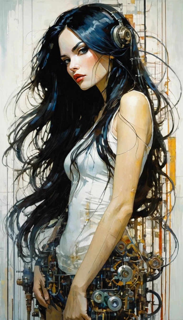 mechanical_body, mechanical_face, full_body, long hair, black hair, good anatomy, best quality, masterpiece, beautiful and cute face (art inspired by Bill Sienkiewicz). oil painting)
