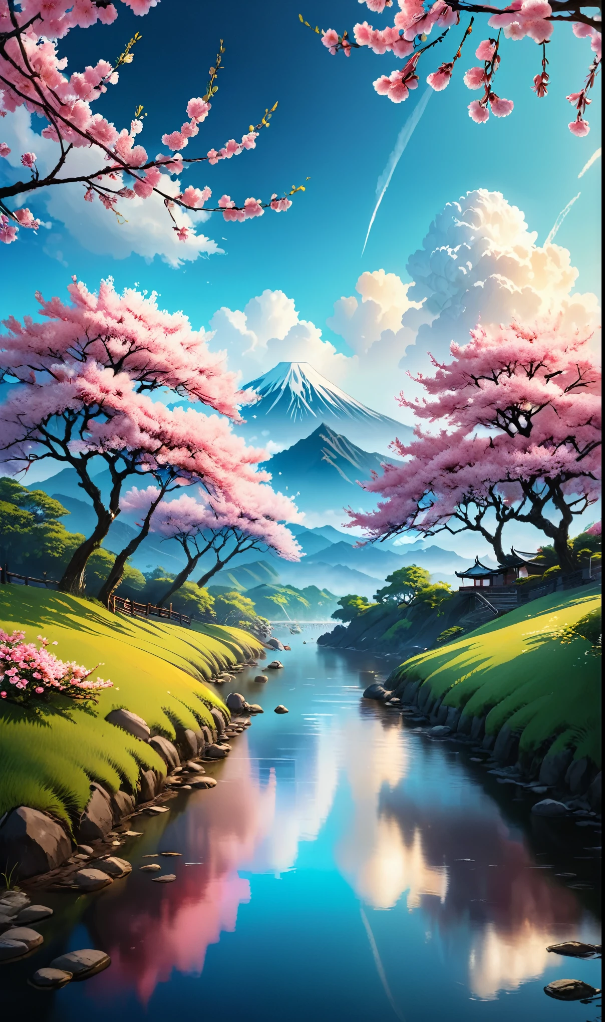 Award-winning photography，Showing extremely beautiful magical scenery，The color scheme is inspired by Japanese cherry blossoms. Soft, Wimmelbilder or floraes depicting fluffy clouds in various shades of sky, 使用哈苏 2000 年代的复古 RAW 照片等高端camera拍摄的伪装中景, Reality, Film Grain, camera, Color, Eye Spotlight, Atmospheric lighting, imperfections, Nature, Shallow depth of field, High level of detail，Create photo-like images, Focus on lighting, Realistic textures, Ultra Detailed.