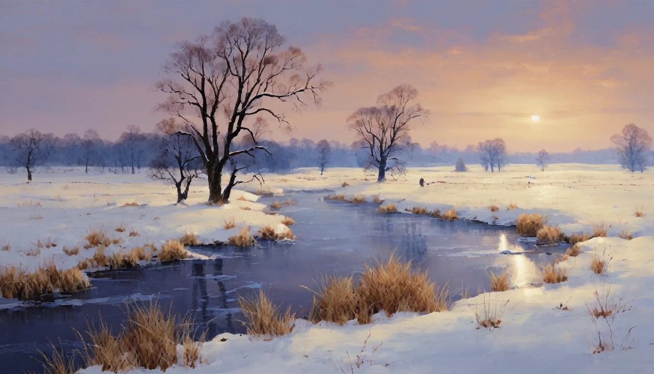 (Masterpiece, Top Quality, Best Quality, Official Art, Beautiful and Aesthetic:1.2), Winter Country Landscapes depict scenes of the countryside in winter, often with snow-covered fields, frozen rivers and barren trees. These paintings have a blue and white color palette and are known for their serene and peaceful atmosphere.