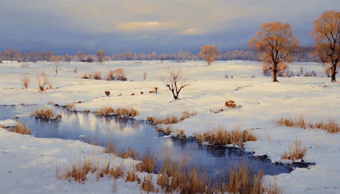 (Masterpiece, Top Quality, Best Quality, Official Art, Beautiful and Aesthetic:1.2), Winter Country Landscapes depict scenes of the countryside in winter, often with snow-covered fields, frozen rivers and barren trees. These paintings have a blue and white color palette and are known for their serene and peaceful atmosphere.