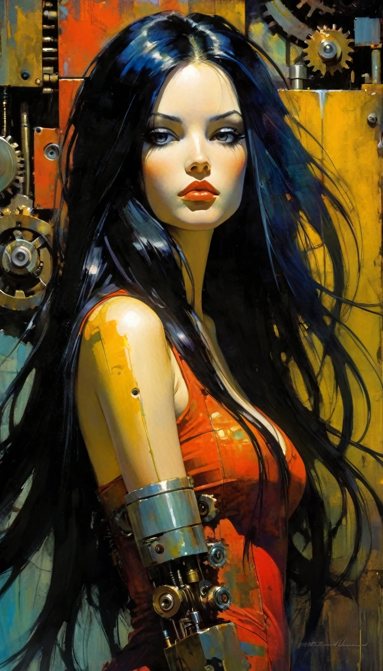 a mechanical girl with long black hair, beautiful and cute face, detailed mechanical body, highly realistic, oil painting, best quality, masterpiece, cinematic lighting, dramatic shadows, vibrant colors, dynamic composition, art inspired by Bill Sienkiewicz
