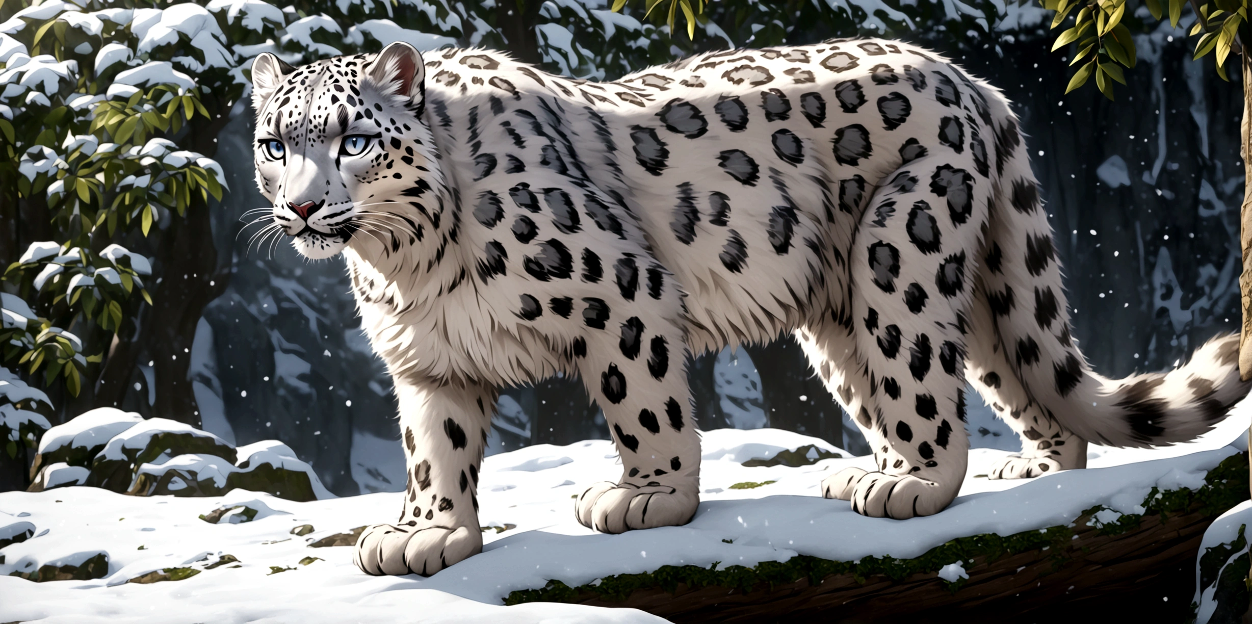 ((Masterpiece)), ((Best Quality)), 8K, HD, Super Detail, (White dress studded with yellow gold rims), (white long hair shawl scattered), (Expression beautiful eyes), (standing under a tree), (snow leopard ears), (snow leopard todoroki shoto), (long snow leopard tailed), (snow leopards), (beautiful jungle), (Full Body Display 1.4) The artwork is a masterpiece, with the best quality and super detail, captured in 8K HD. Photographic realistic, realistic, very detailed illustrations realistic, octane rendering