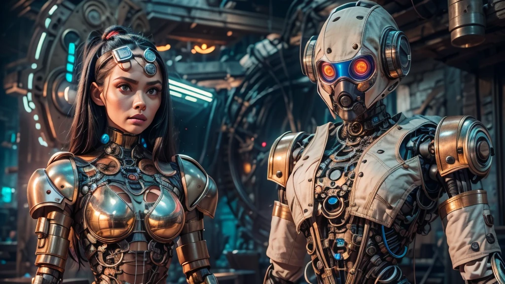 there are two robots that are standing next to each other, machines and futurist robots, death and robots, robot cyborgs, dieselpunk cyborgs, cyber steampunk 8 k 3 d, humanoid robots, still from alita, movie still of aztec cyborg, futuristic robots, from a 2 0 1 9 sci fi 8 k movie  