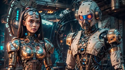 there are two robots that are standing next to each other, machines and futurist robots, death and robots, robot cyborgs, diesel...