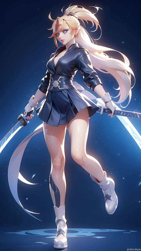 1 girl, ultra long hair, ultra detailed face, glowing lips, glowing blue eyes, very long ponytail, elegant walk, catwalk, holding down a  giant katana, blonde, long eyelashes, long boots , looking to the sky, starry sky, a ultra giant katana 