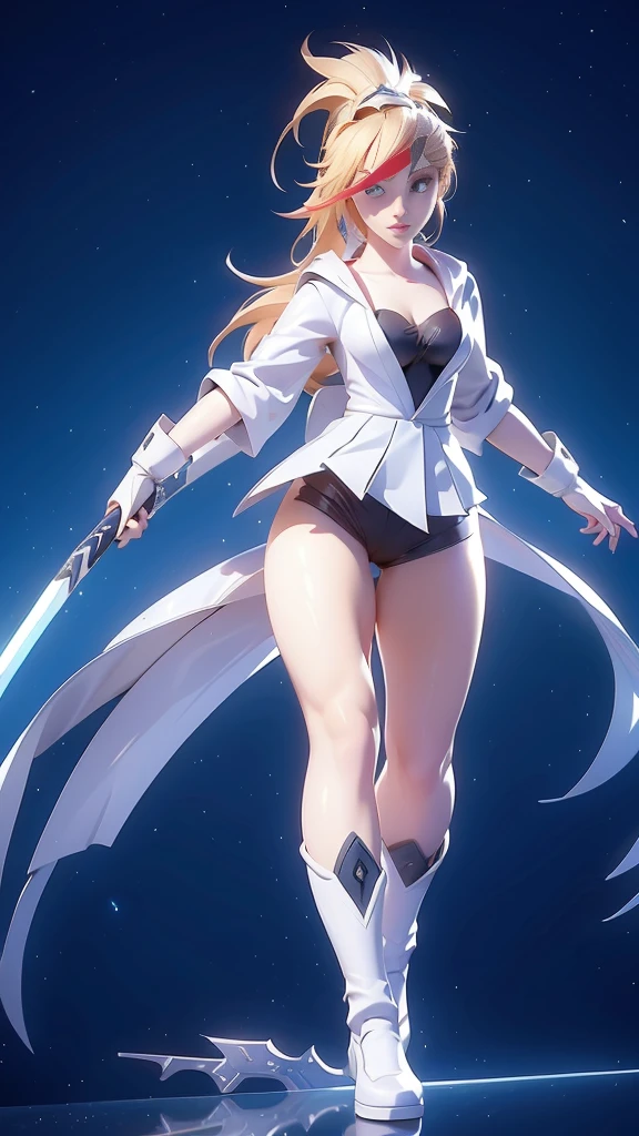 1 girl, ultra long hair, ultra detailed face, glowing lips, glowing blue eyes, very long ponytail, elegant walk, catwalk, holding down a  giant katana, blonde, long eyelashes, long boots , looking to the sky, starry sky, a ultra giant katana 