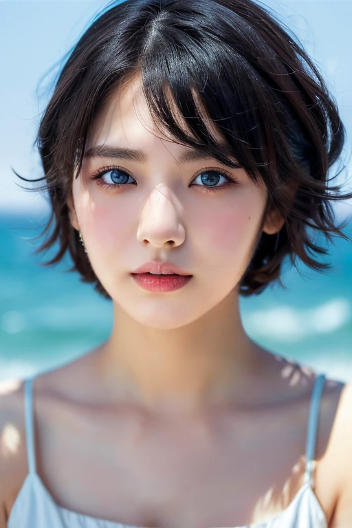 (award winning, 8k, super detailed, high resolution, best quality, photography, portrait), 1girl, solo, beautiful girl, beautiful eyes, detailed eyes, black eye, white dress, short hair, black hair ocean background.