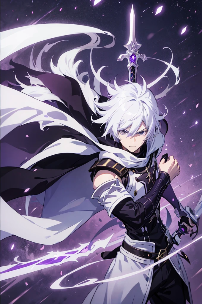 A 25 years old anime man with white hair, holding a kamish wrath  Dagger, Wearing a dark and purple Armor 