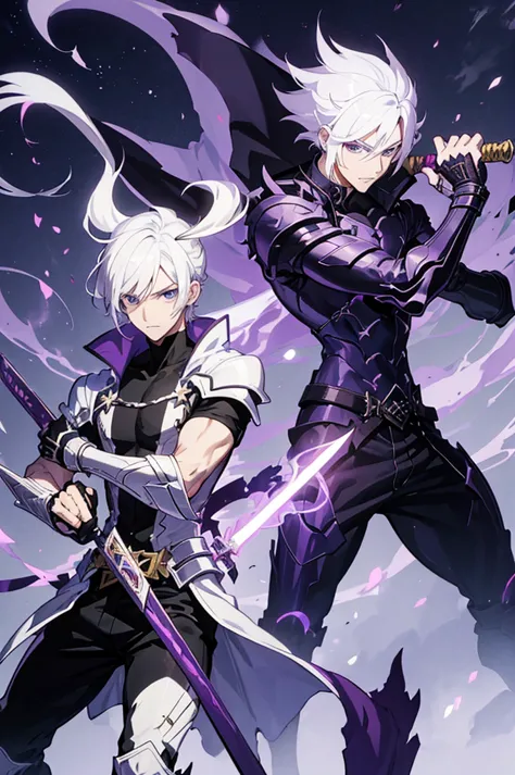 A 25 years old anime man with white hair, holding a kamish wrath  Dagger, Wearing a dark and purple Armor 