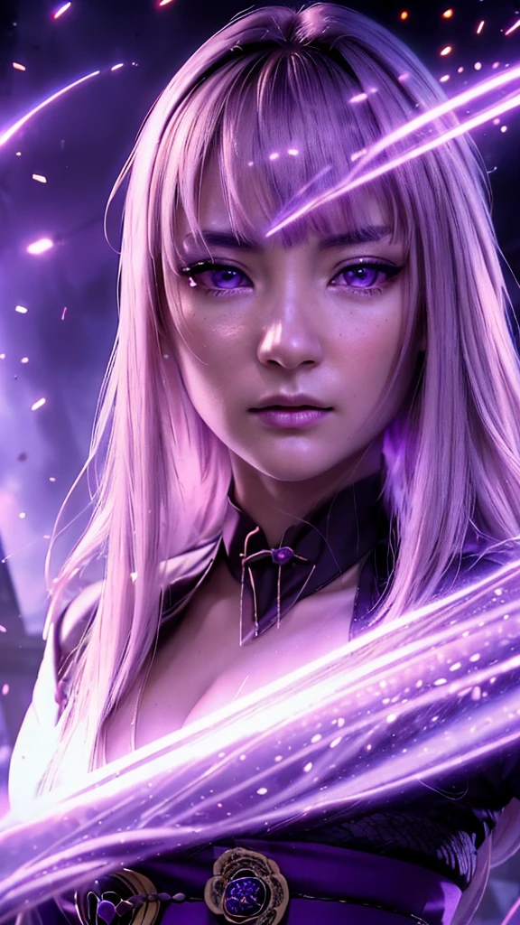 A adult girl in realistic portrait of high quality and detail, Raiden Shogun (Genshin Impact), 2000's movie style, japanese girl, dark and mysterious atmosphere, pale skin, glow, eye shadow, 1girl, thriller fantasy, Depth & Perspective, sadness on her face, long tail purple hair, purple eyes, Mystical powers, fine face, standing in the room, outside, the japanese royal palace on the background, blue sky, white cloud, looking at viewer, (ultra-high detail:1.2), Masterpiece, Best Quality, Ultra-detailed, Cinematic lighting, 8K, delicate features, cinematic, 35 mm lens, f/1.9, highlight lighting, global lighting –uplight –v 4, cinematic, intense gaze, Cinematic lighting, 8K, high quality, Highest Quality, (Solo Focus), (extremly intricate:1.3), (Realistic), dramatic, masterful, Analog style, (Film grain:1.5), (warm hue, cold tone), destruction behind back