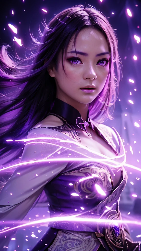 A adult girl in realistic portrait of high quality and detail, Raiden Shogun (Genshin Impact), 2000's movie style, japanese girl, dark and mysterious atmosphere, pale skin, glow, eye shadow, 1girl, thriller fantasy, Depth & Perspective, sadness on her face, long tail purple hair, purple eyes, Mystical powers, fine face, standing in the room, outside, the japanese royal palace on the background, blue sky, white cloud, looking at viewer, (ultra-high detail:1.2), Masterpiece, Best Quality, Ultra-detailed, Cinematic lighting, 8K, delicate features, cinematic, 35 mm lens, f/1.9, highlight lighting, global lighting –uplight –v 4, cinematic, intense gaze, Cinematic lighting, 8K, high quality, Highest Quality, (Solo Focus), (extremly intricate:1.3), (Realistic), dramatic, masterful, Analog style, (Film grain:1.5), (warm hue, cold tone), destruction behind back