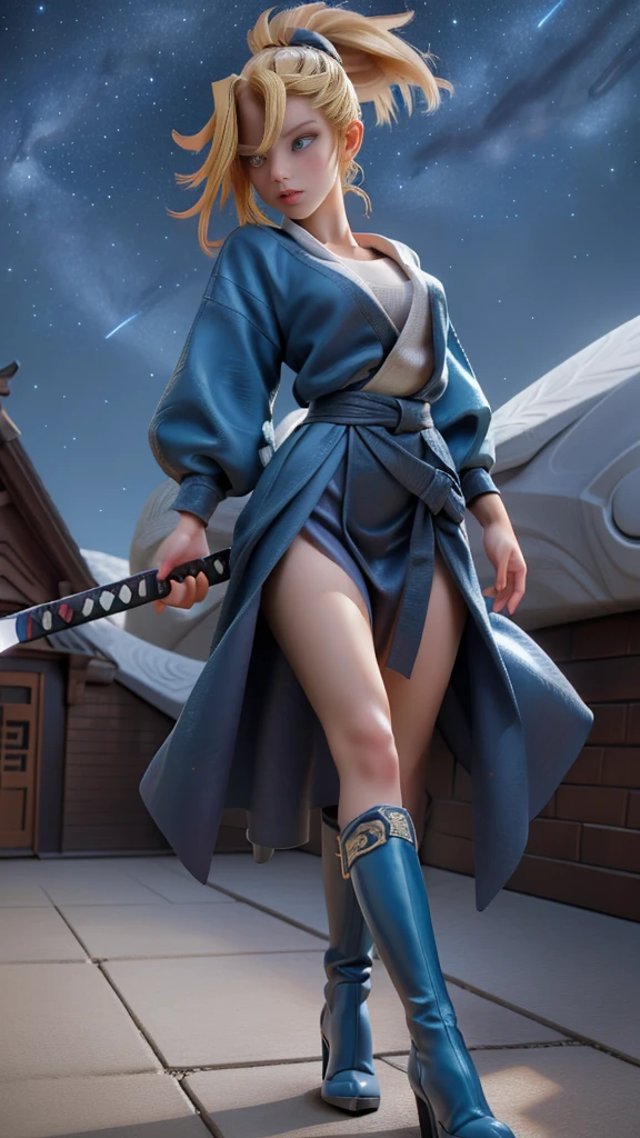 1 girl, ultra long hair, ultra detailed face, glowing lips, glowing blue eyes, very long ponytail, elegant walk, catwalk, holding down a  giant katana, blonde, long eyelashes, long boots , looking to the sky, starry sky, a ultra giant katana 