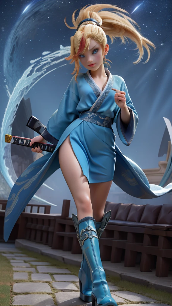 1 girl, ultra long hair, ultra detailed face, glowing lips, glowing blue eyes, very long ponytail, elegant walk, catwalk, holding down a  giant katana, blonde, long eyelashes, long boots , looking to the sky, starry sky, a ultra giant katana 