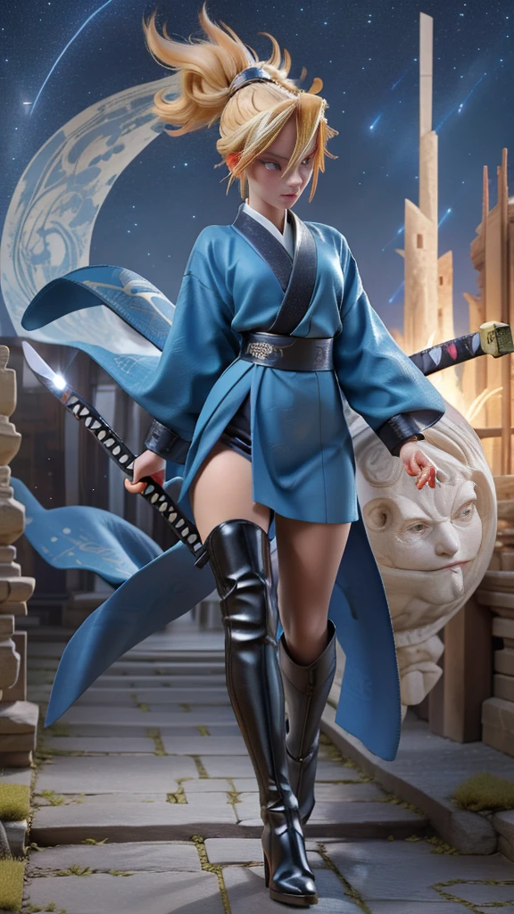 1 girl, ultra long hair, ultra detailed face, glowing lips, glowing blue eyes, very long ponytail, elegant walk, catwalk, holding down a  giant katana, blonde, long eyelashes, long boots , looking to the sky, starry sky, a ultra giant katana 