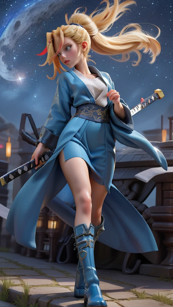 1 girl, ultra long hair, ultra detailed face, glowing lips, glowing blue eyes, very long ponytail, elegant walk, catwalk, holding down a  giant katana, blonde, long eyelashes, long boots , looking to the sky, starry sky, a ultra giant katana 