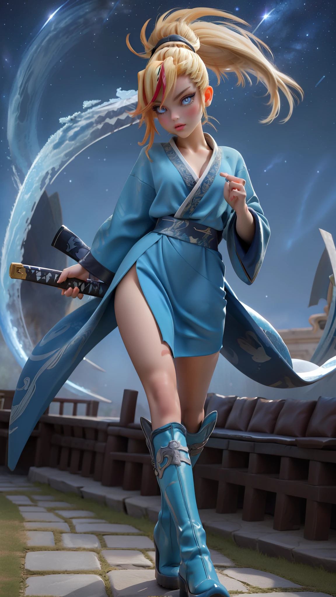 1 girl, ultra long hair, ultra detailed face, glowing lips, glowing blue eyes, very long ponytail, elegant walk, catwalk, holding down a  giant katana, blonde, long eyelashes, long boots , looking to the sky, starry sky, a ultra giant katana 