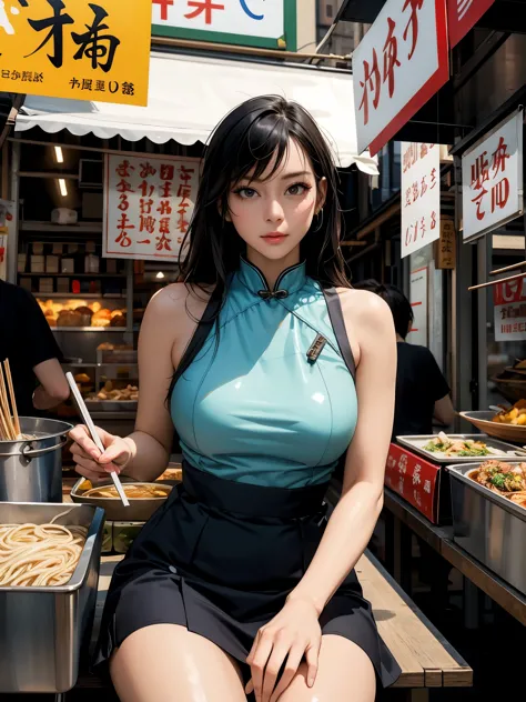 At a bustling noodle stall in the heart of the city, a woman sits poised with effortless elegance. She wears a tight, sleeveless...