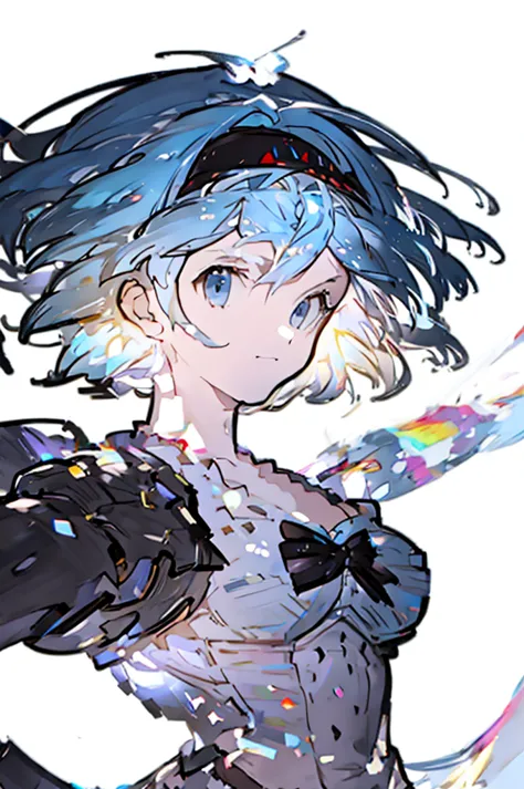 djeeta 　pure white background　blue hair　black headband　facing forward　looks strong　black clothes　cleavage is coming out　i have a...