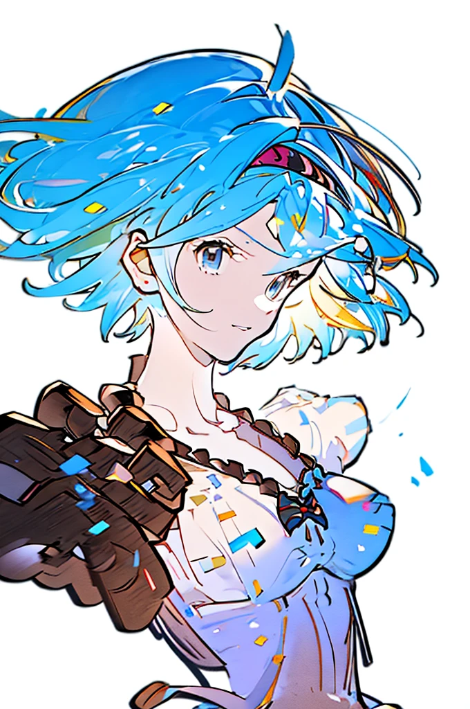 Djeeta 　Pure white background　Blue Hair　Black headband　Facing forward　looks strong　Black clothes　Cleavage is coming out　I have a protruding belly