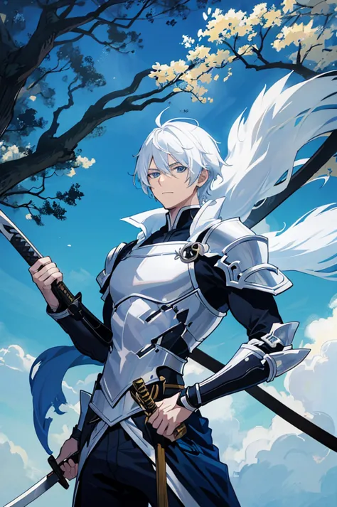 A 25 years old anime man with white hair, holding a Katana, Wearing a Blue and Black armor , Standing close to a tree 
