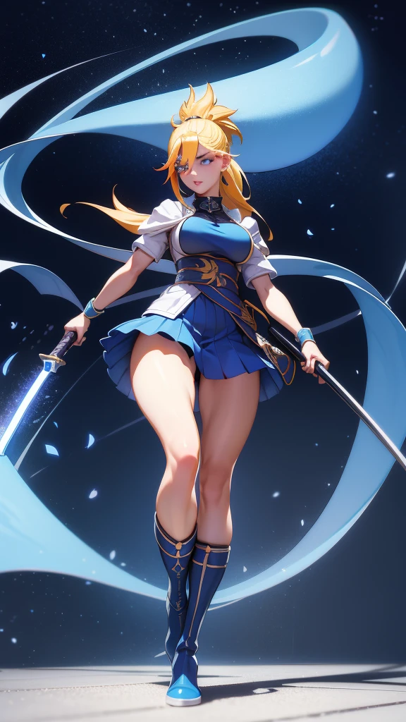 1 girl, ultra long hair, ultra detailed face, glowing lips, glowing blue eyes, very long ponytail, elegant walk, catwalk, holding down a  giant katana, blonde, long eyelashes, long boots , looking to the sky, starry sky, a ultra giant katana, 3d render style,