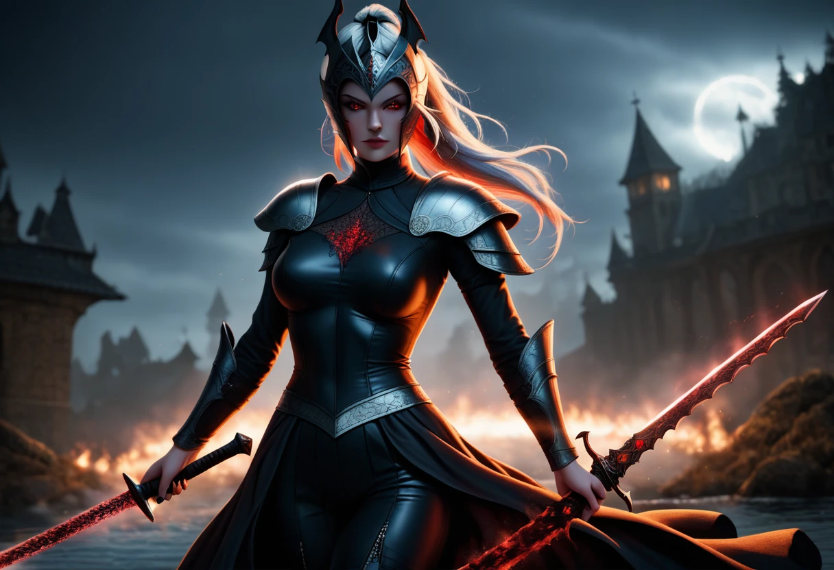 8k resolution, depth of field, photorealistic, lens flare, ((best quality)), (((intricate details))), highly detailed, (((cinematic effect))), looking at viewer,1girl,breasts,long hair, ((white hair with black highlights)), ponytail, glowing red eyes, serious and severe face, demonic armor, helmet in the shape of a blood red dragon head,holding, holding weapon, sword, holding sword, the blade and blood red color, night, (underworld,hells), well of cursed souls, the river styx, one of the 4 rivers of hell in the backgrounddynamic lighting, high quality.detailed skin