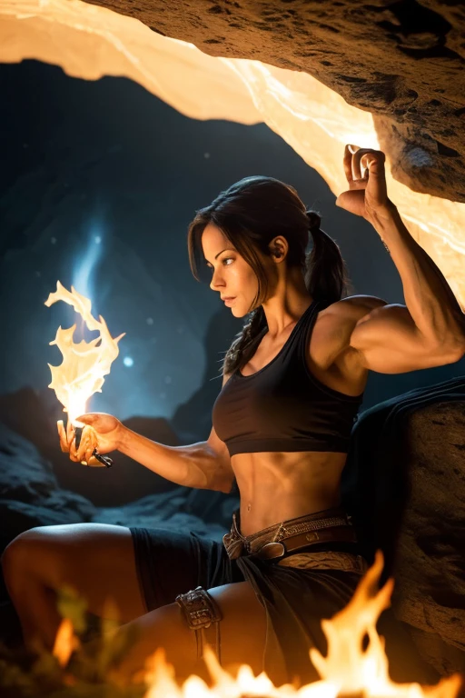 Kristin Kreuk as Lara Croft, (best quality, masterpiece),  athletic physique,  odybuilder veins, highly detailed bicep veins, highly detailed forearm veins, (1girl, solo, tank top, expression face, looking away, sitting, blue eyes, closed mouth, ribbon shape fire on head, long hair, cowboy shot), (Monochrome, night sky at cave entrance , light rising from the bottom, inside Cave, floating glowing bunch of white particles, burning fire at hand, floating many small fires),