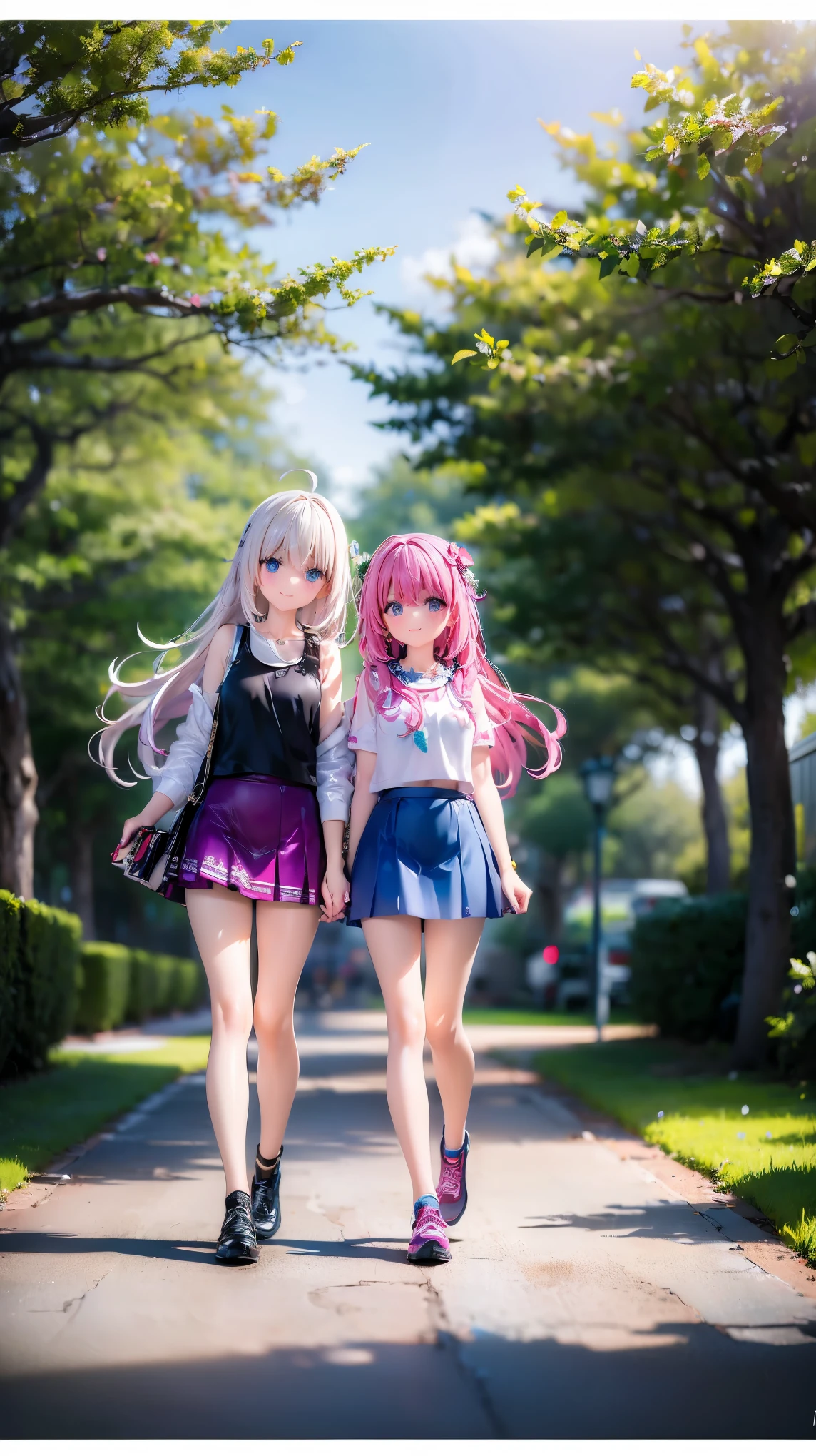 Very cute 10 year old twin girls(2 people)is having a pleasant walk in the park、Tank top、mini skirt、Long Hair、Slim body、Beautiful legs、Beautiful body、high resolution、8K、(smile)