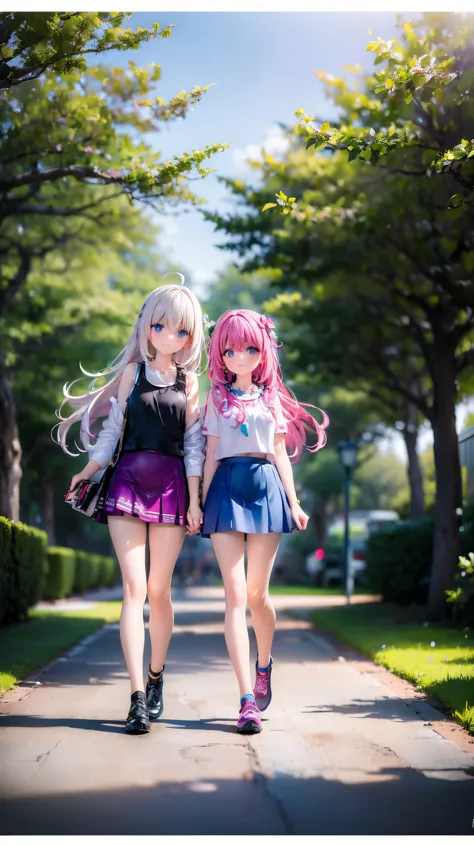Very cute 10 year old twin girls(2 people)is having a pleasant walk in the park、Tank top、mini skirt、Long Hair、Slim body、Beautifu...