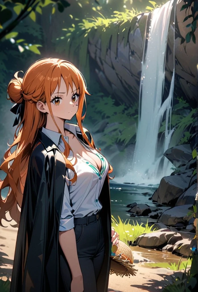 masterpiece, best quality), intricate details, 1 girl, woman, orange hair, nami \ (one piece\),  (long hair), shirt, white shirt, female focus, clothes, collared shirt, pants, cape, black coat, shirt, scar, sandals, pectorals, partially unbuttoned, black coat on shoulders, nature, scenery, upper body, straw hat, half up half down 

((front view)) ((close up shot)) ((solo)) ((Twisted Updo: Long hair twisted))