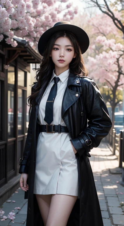 (masterpiece, best quality, 8k, high resolution, incredibly absurdres, facelight, detailed face, raw photo, studio light, depth of field ), female ( asian girl, dynamic angle, stand against the tree/under tree, wears a black trench coat with white dress, black thigh-high socks, black floppy hat, neck tie scraft ), cowboy shot, background ( blue sky, blossom trees, blossom petals falling, beautiful landscape, stone path ), hand on hip