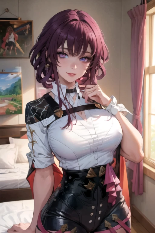 masterpiece, best quality, ultra detailed, watercolor and oil painting fusion, hot black artwork, white line art, beautiful woman, 1 woman, kafka, beauty, perfect anatomy, perfect eyes, perfect fingers, perfect hands, anime girl, sexy uniform, thight, breast, purple hair, seductive smile, room background, soft, seductive, hot, spicy,