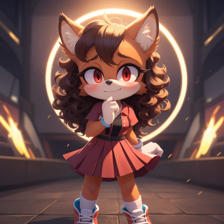 mobian, solo, hedgehog, two-tone fur ((orange fur, brown fur)), pleated shirt dress, high-top sneakers, small breasts, two-tone hair (brown hair, black tip)), curly hair, halo, sunglasses, jewelry, red eyes, longeyelashes, red eyes, smile, shy, blush, pose, high detail, masterpiece, UHD, anatomically correct, super detail, highres, 4K