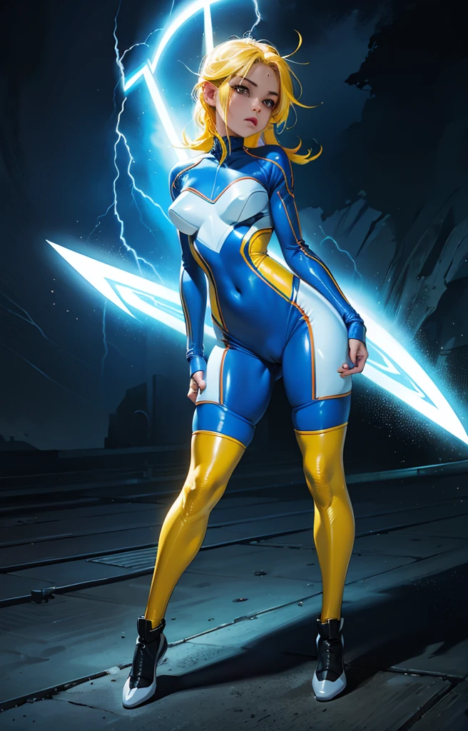 Thunder backdrop, thunder ranger, loli face, small breast, tight suit, speedy thunder, alien weapons , yellow hair