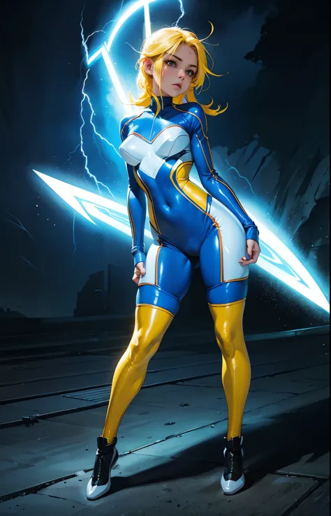 thunder backdrop, thunder ranger, loli face, small breast, tight suit, speedy thunder, alien weapons , yellow hair