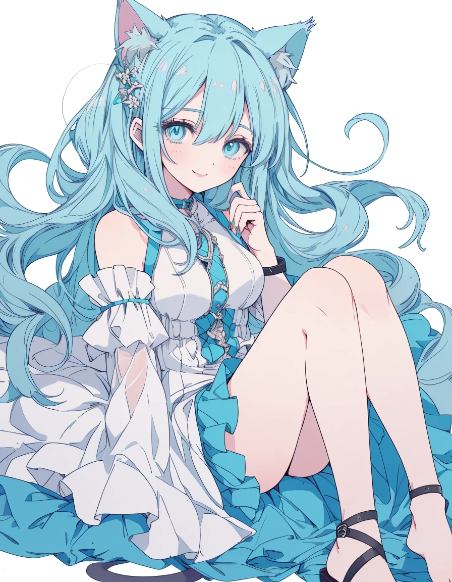 gal, smile, wink, one closed eye, full body, ((masterpiece, best quality:1.5)), ((Beautiful detailed cat aqua eyes:1.2)), cat ears, pale skin, medium breasts, beautiful hands, beautiful fingers, EasyNegative