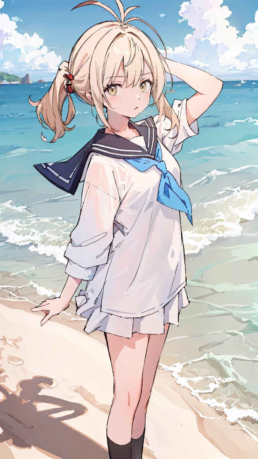 (masterpiece,best quality,absurdres),1girl,solo,looking at viewer,dynamic_angle,colorful, antenna hair,Sailor uniform, beach , sand , 
